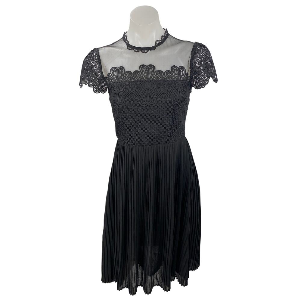 Zara Black Floral Mesh Lace Pleated Fit & Flare A Line Evening Mini Dress Size S